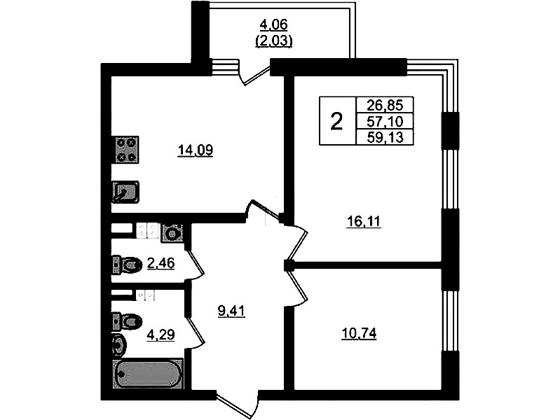2-комнатная квартира 59.13 м², 3/4 эт., ЖК «Новая история»